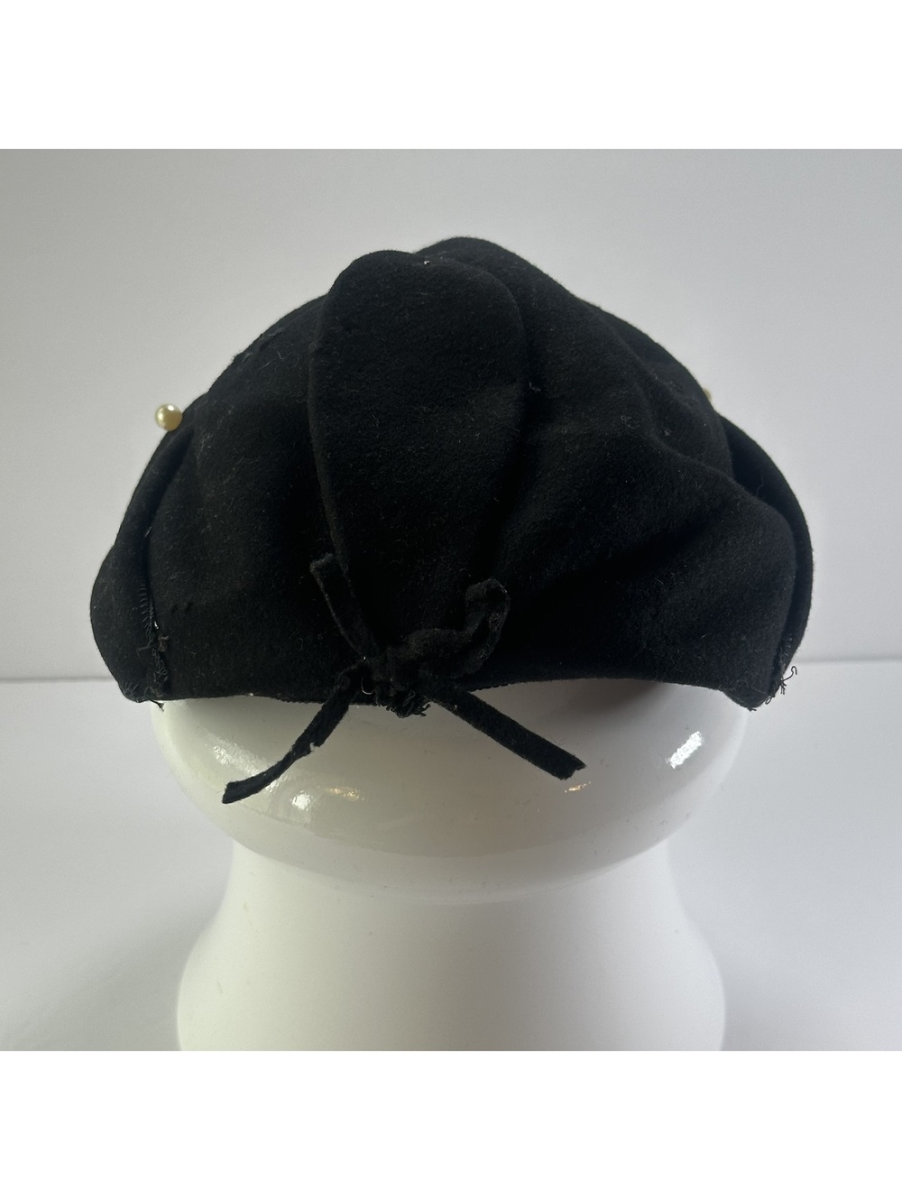 Vintage Glenover Black Wool Hat with Pearl Accent and Bow Detail